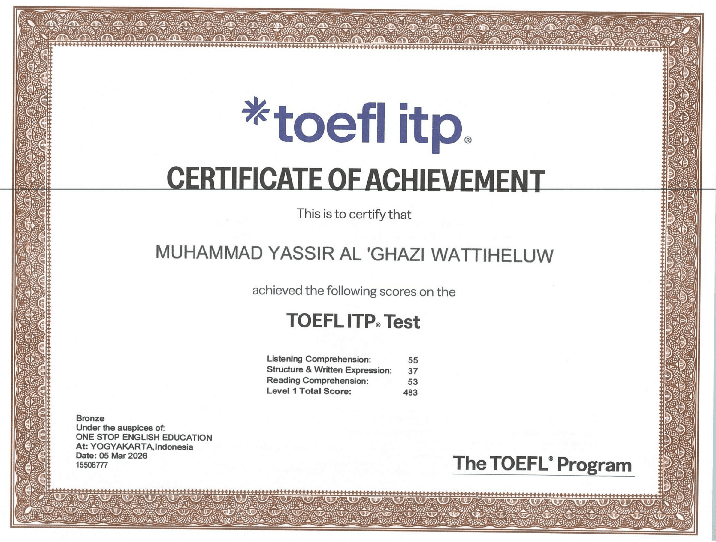 TOEFL ITP® Test – Certificate of Achievement (Bronze) preview