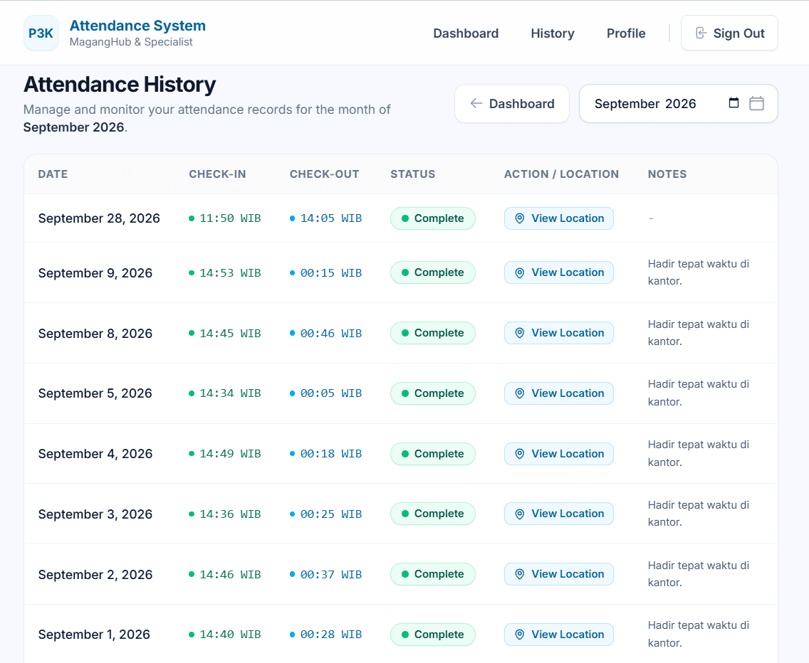 Attendance Management System attendance history and record filtering