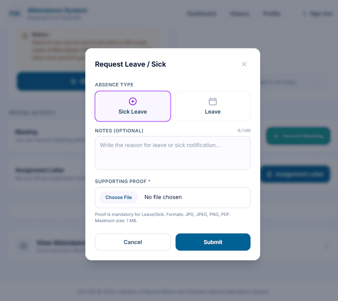 Attendance Management System leave and sick permit request submission
