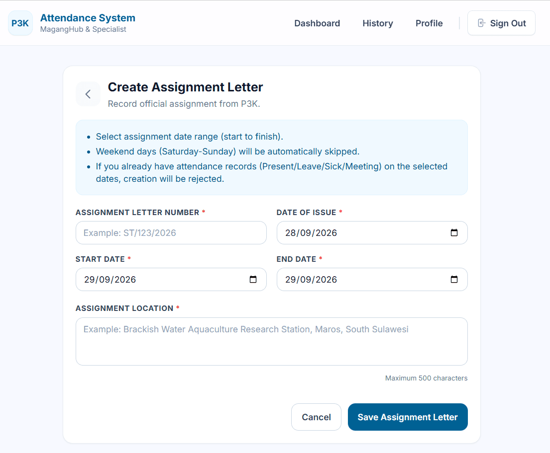 Attendance Management System official duty assignment workflow