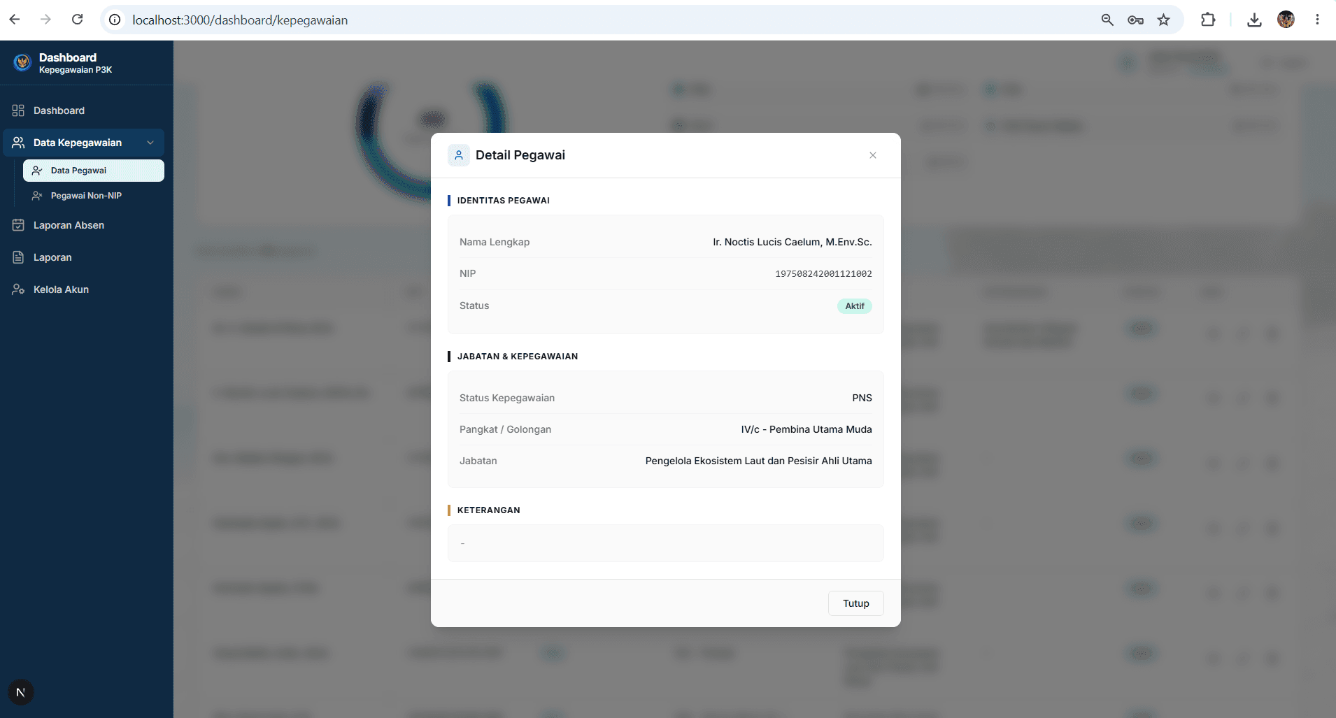 Dashboard Kepegawaian P3K employee detailed service record
